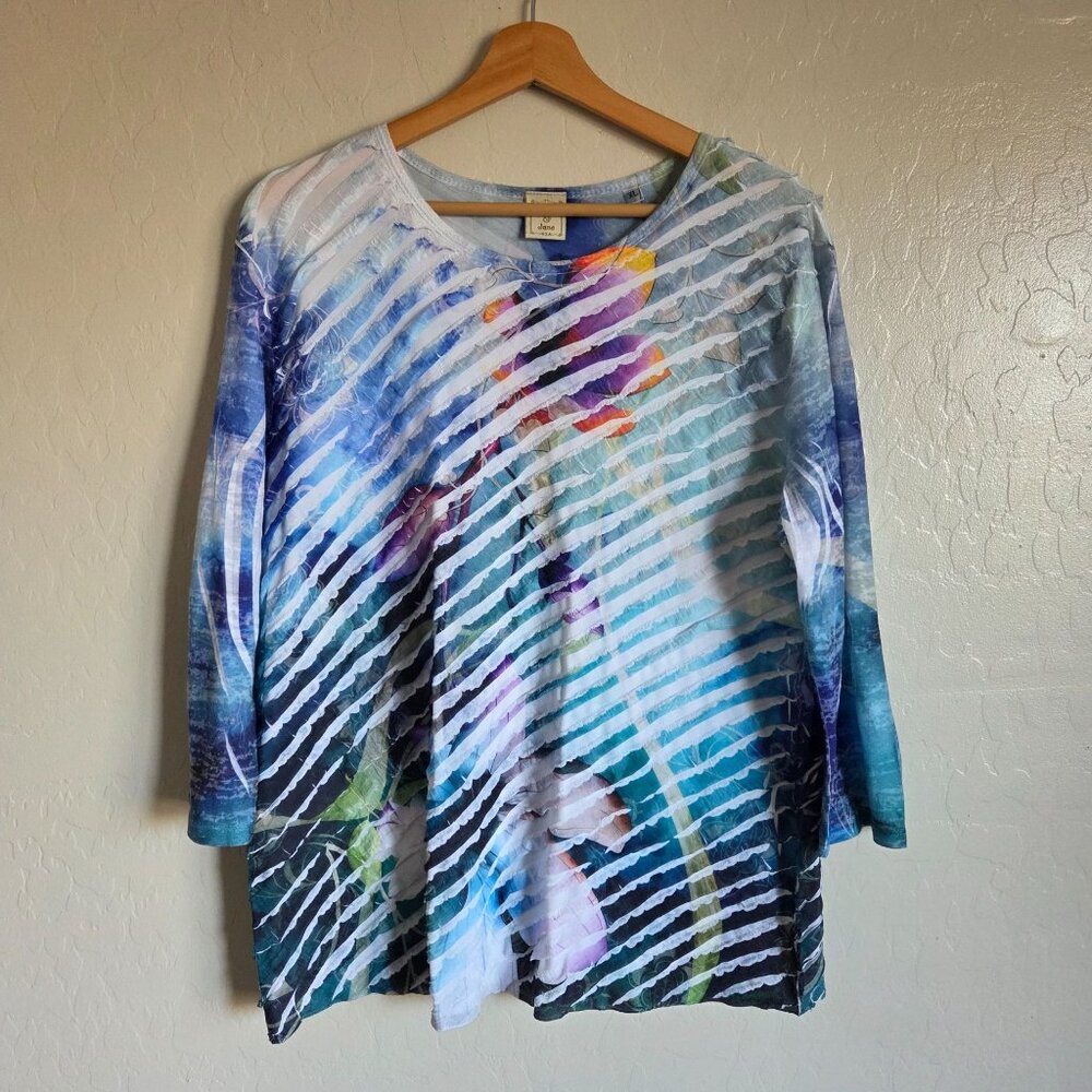 Jess & Jane Watercolor Floral Textured Top Blue XL 3/4 Sleeve Wearable Art Artsy